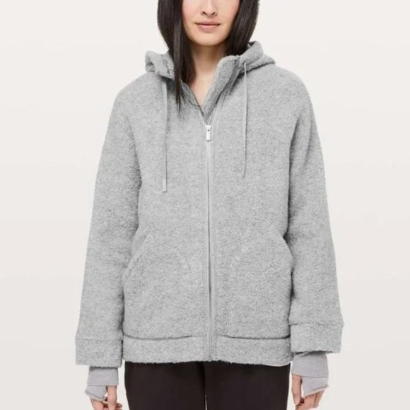 Lululemon So Sherpa Silver Wool Hooded Full Zip Teddy Boucle Grey Jacket Size 6 - Picture 1 of 8